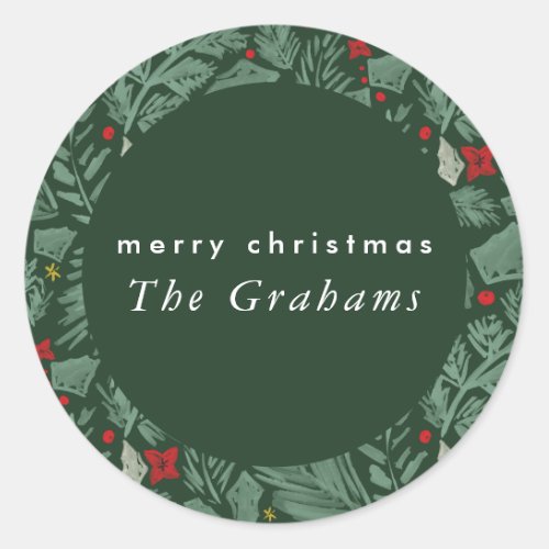 Green Festive Botanical Holiday Classic Round Sticker