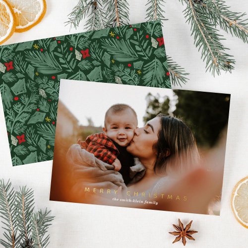 Green Festive Botanical Photo Gold Foil Holiday Card