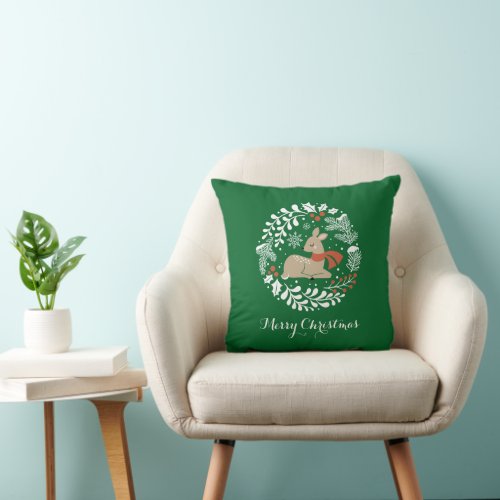 Green Festive Christmas Reindeer Throw Pillow