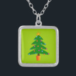 Green Festive Christmas Tree Silver Plated Necklace<br><div class="desc">Illustration of a bright green Christmas tree. A gold star sits on top and the tree is dressed up with pink,  blue and orange decorations.</div>