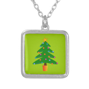Green Festive Christmas Tree Silver Plated Necklace