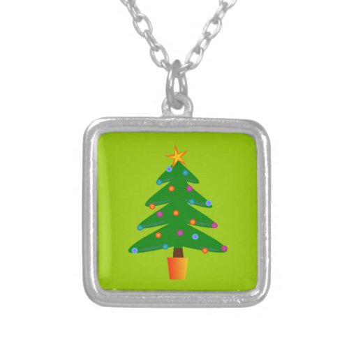 Green Festive Christmas Tree Silver Plated Necklace