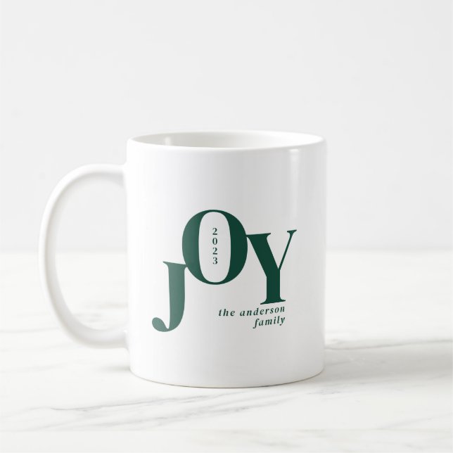 Green Festive Minimalist Joy Typography Holiday Coffee Mug (Left)