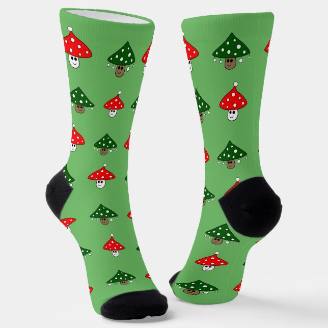 Green Festive Mushrooms Crew Socks (Angled)