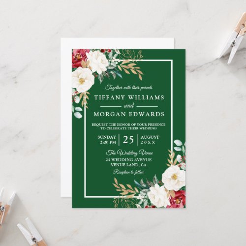 Green Festive Red White Elegant Floral Wedding Invitation