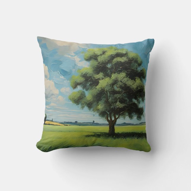 Green Field Tree and Blue Sky Throw Pillow (Front)