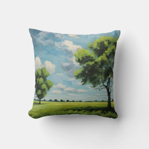 Green Field Tree Blue Sky Throw Pillow