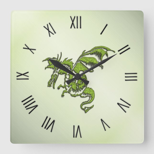 Green Fighting Dragon Square Wall Clock (Front)