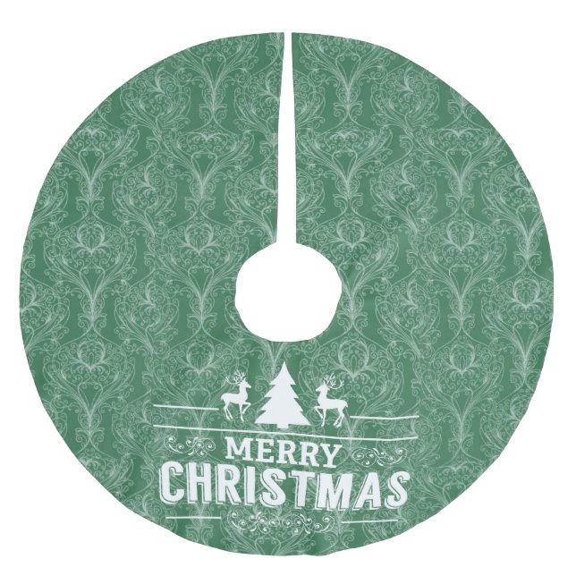 Green filigree damask. Merry Christmas 🎄 Brushed Polyester Tree Skirt (Front)