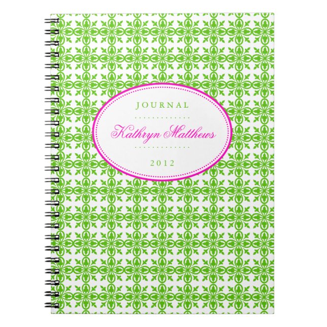 Green filigree pattern hot pink oval journal (Front)