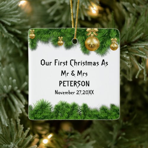 Green Fir Tree First Christmas Married Photo Ceramic Ornament