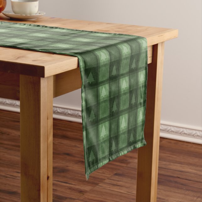 Green Fir Tree Pattern Textured Plaid Christmas Short Table Runner (In Situ)