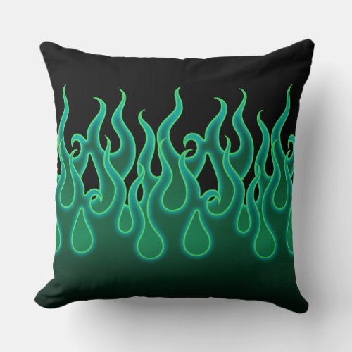 Green Fire Rockabilly Hot Rod Flames Man Cave Throw Pillow