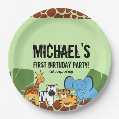 Green first Birthday Jungle Safari theme Paper Plates