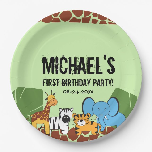 Green first Birthday Jungle Safari theme Paper Plates (Front)
