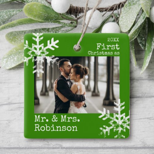 Green First Christmas Mr  Mrs Custom Photo Ceramic Ornament