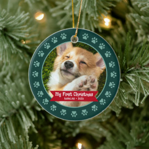 Green First Christmas Pet Puppy Photo Paws Custom Ceramic Ornament