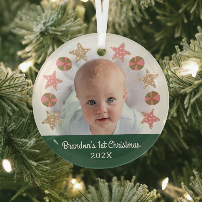 Green First Christmas Photo Boy Baby Cookie Wreath Glass Ornament (Insitu)