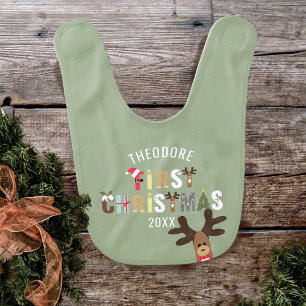 Green First Christmas Reindeer Holiday Baby Bib