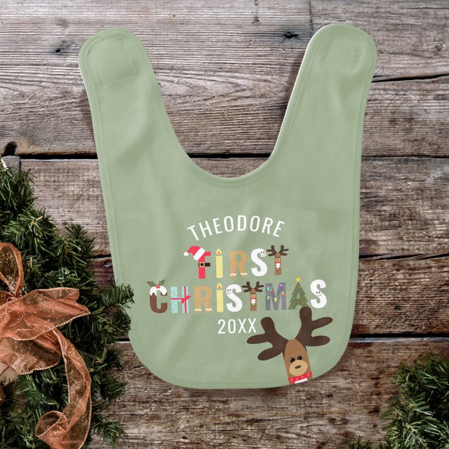 Green First Christmas Reindeer Holiday Baby Bib (A fun and festive baby bib just for you. You’re invited to add your baby name and year. )