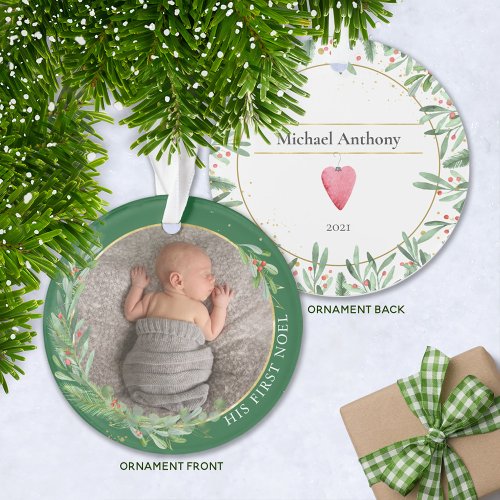 Green First Noel Christmas Greenery Baby Photo Ornament