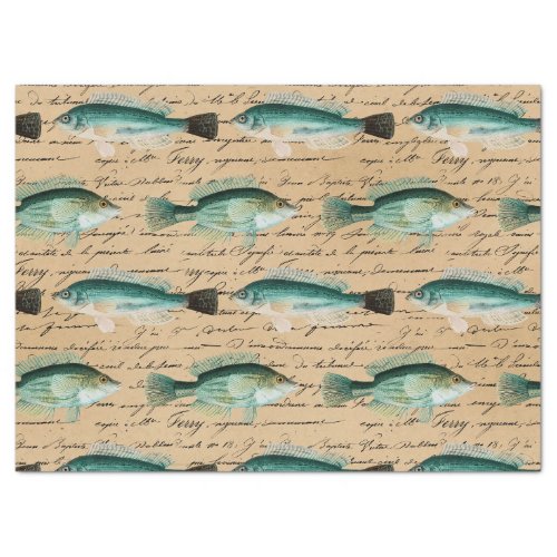 Green Fish and Cursive Writing on Tan Decoupage Tissue Paper