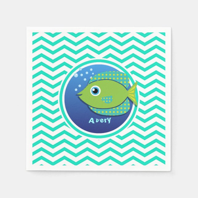 Green Fish; Aqua Green Chevron Paper Napkins (Front)
