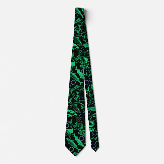 Green Fishes Pattern 10.w Black BG Neck Tie (Front)