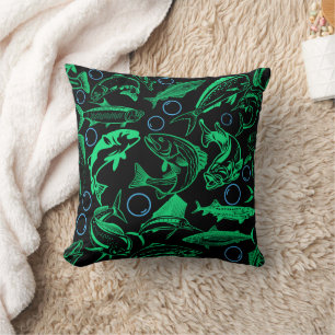 Green Fishes Pattern 10.w Black BG Throw Pillow
