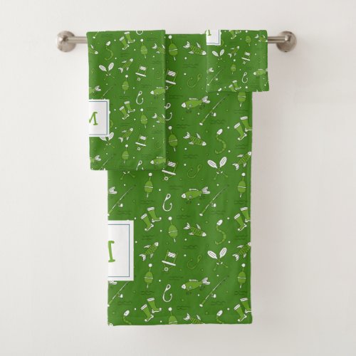 Green Fishing Seamless Pattern Monogrammed Bath Towel Set