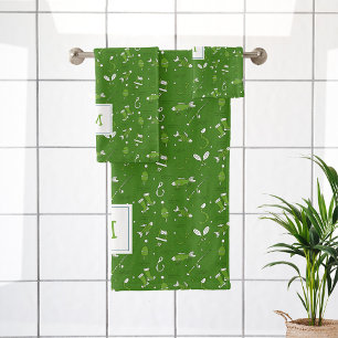 Green Fishing Seamless Pattern Monogrammed Bath Towel Set