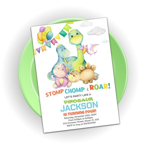 Green Flags Dinosaur Birthday Invitations