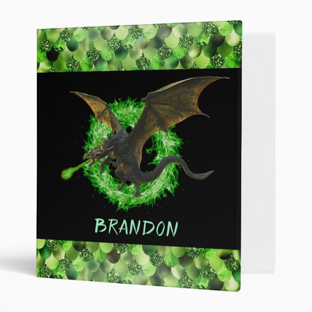 Green Flame Fire Dragon Scales 3 Ring Binder (Front/Inside)