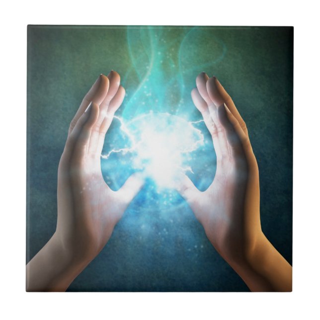 Green flame  powerful healing hands ceramic tile (Front)