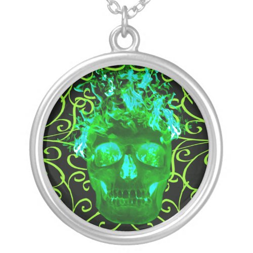 Green Flame Skull Necklace