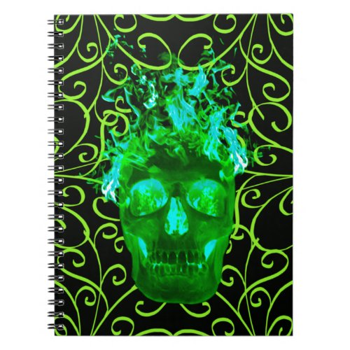 Green Flame Skull Spiral Notebook