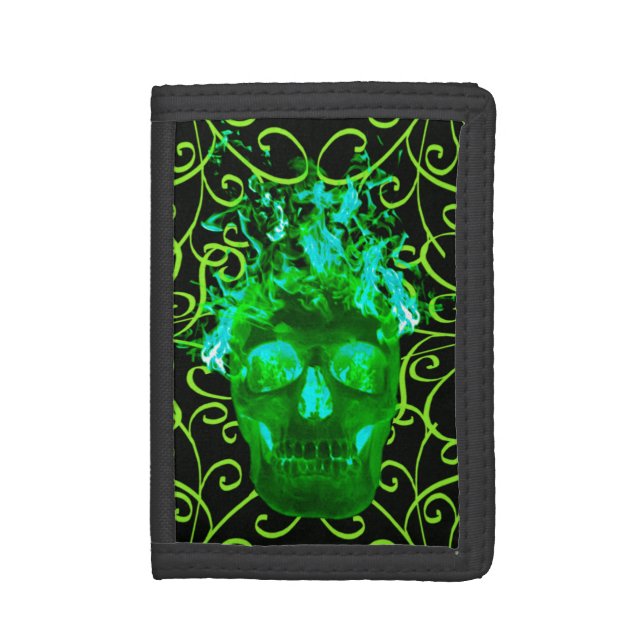 Green Flame Skull Wallet (Front Vertical)
