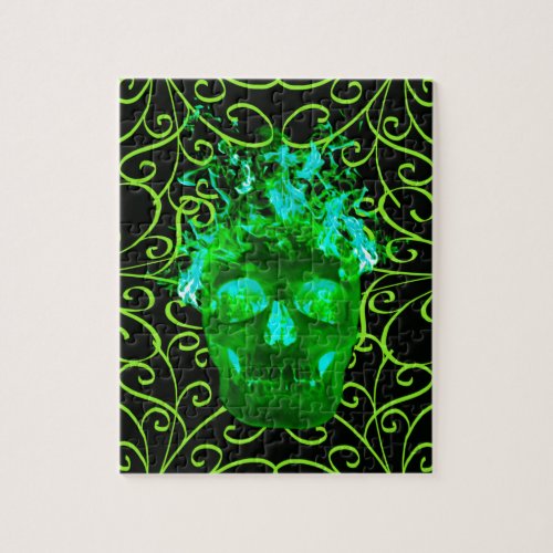 Green Flaming Fire Skull Art Jigsaw Puzzle