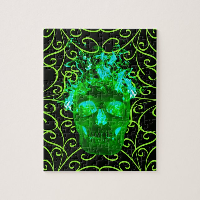 Green Flaming Fire Skull Art Jigsaw Puzzle (Vertical)