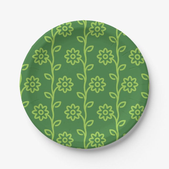 Green Flat Flower Garden Pattern Paper Plates (Front)