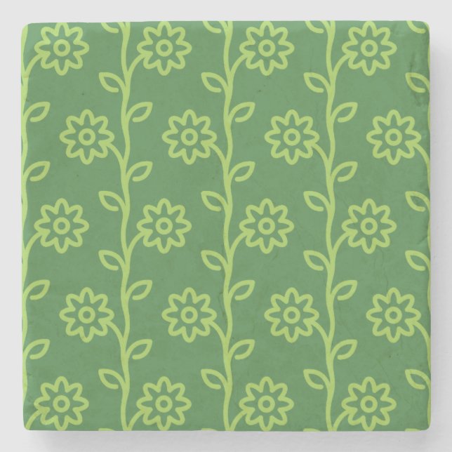 Green Flat Flower Garden Pattern Stone Coaster (Front)