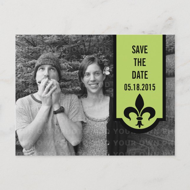 Green Fleur De Lis Banner Save the Date Postcard (Front)