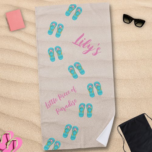 Green Flip Flops Path on Sand Beach Towel