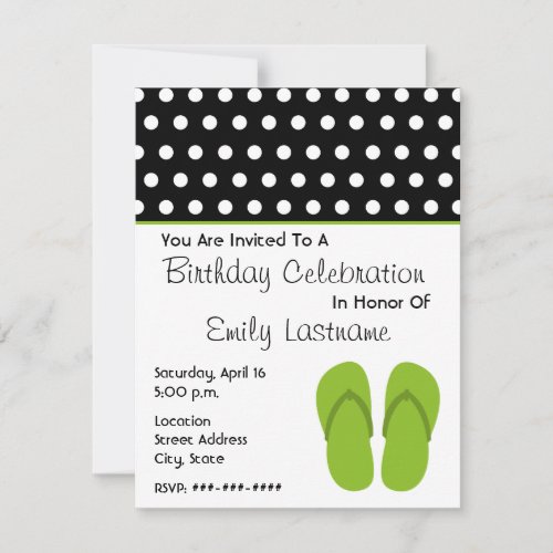 Green Flip Flops / Polka Dots Birthday Party Custom Announcements