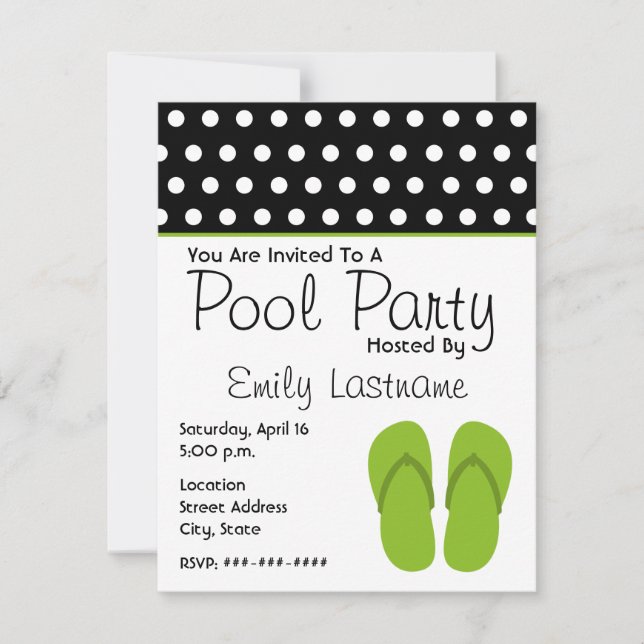Green Flip Flops / Polka Dots Pool Party Invitation (Front)