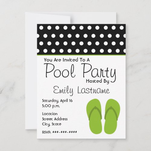 Green Flip Flops / Polka Dots Pool Party Personalized Invite