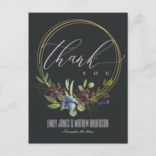 GREEN FLORA FOLIAGE BLACK WREATH WEDDING THANK YOU POSTCARD