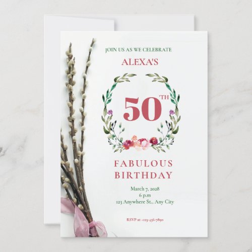 Green floral 50th birthday invitation