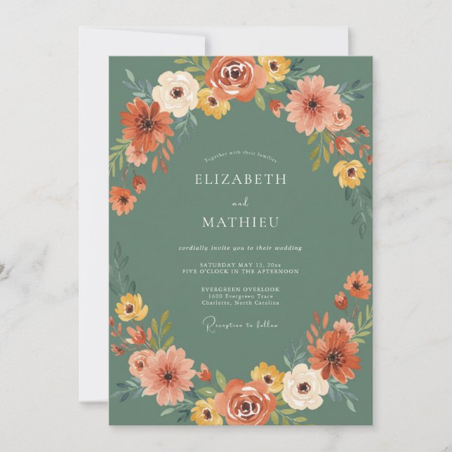 Green Floral Accent Wedding Invitation (Front)