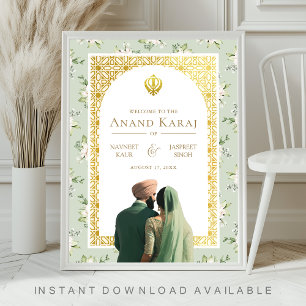 Green Floral Anand Karaj Sikh Wedding Welcome Sign